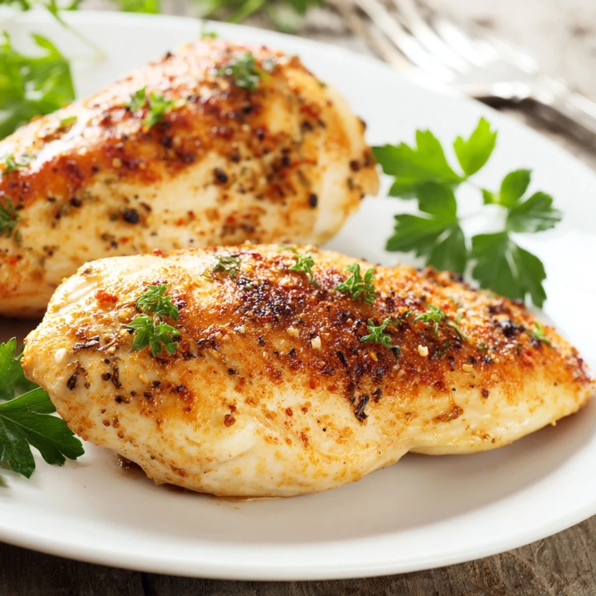 Juicy Oven Baked Chicken Breasts fresh from the oven, garnished with parsley and served with lemon wedges.