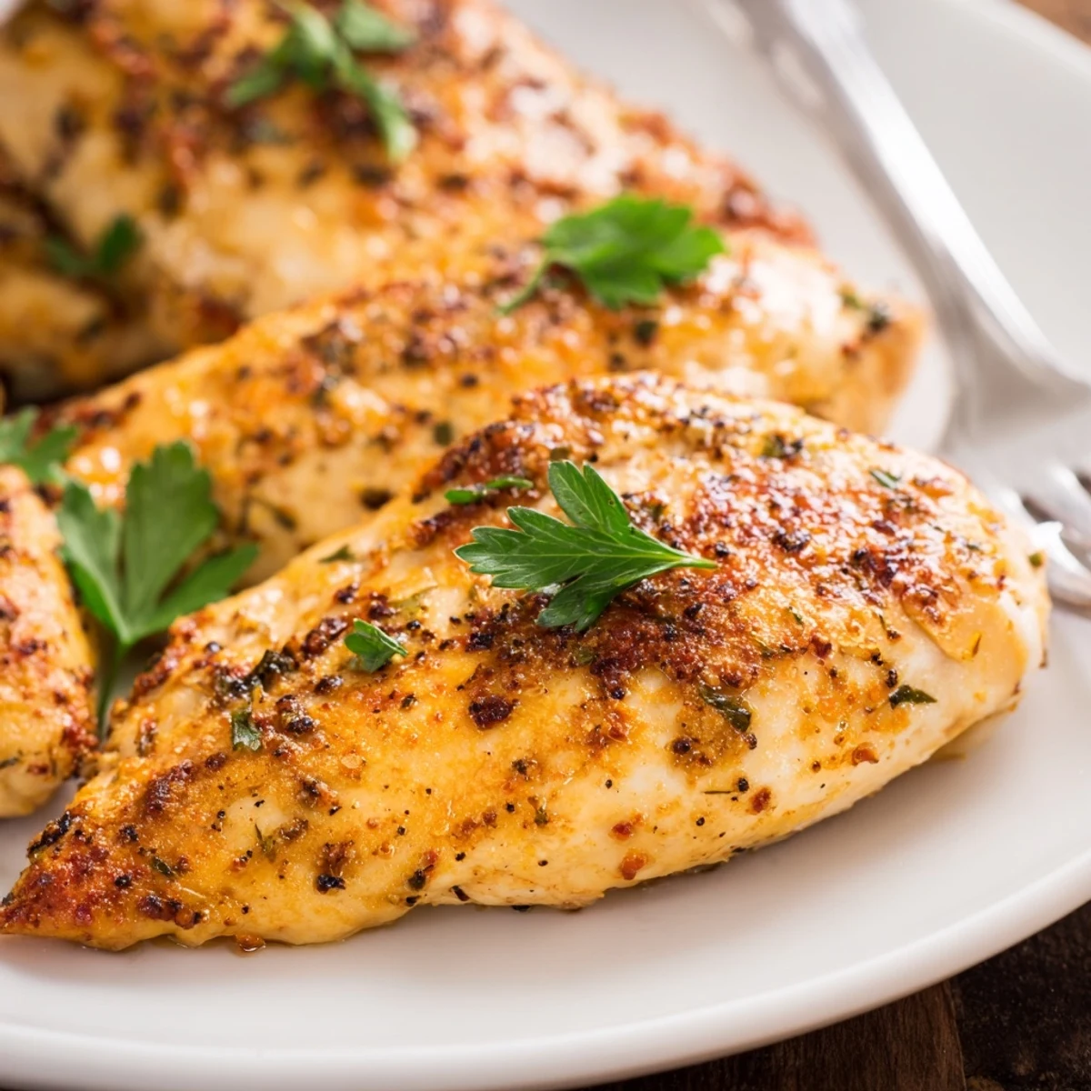 A close-up view of Oven Baked Chicken Breasts with paprika and herbs, ready to be sliced and served.
