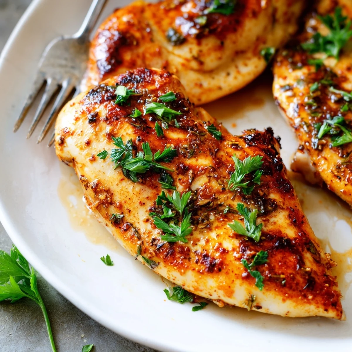 Tenderly seasoned Oven Baked Chicken Breasts rest on a baking sheet after roasting to golden perfection.