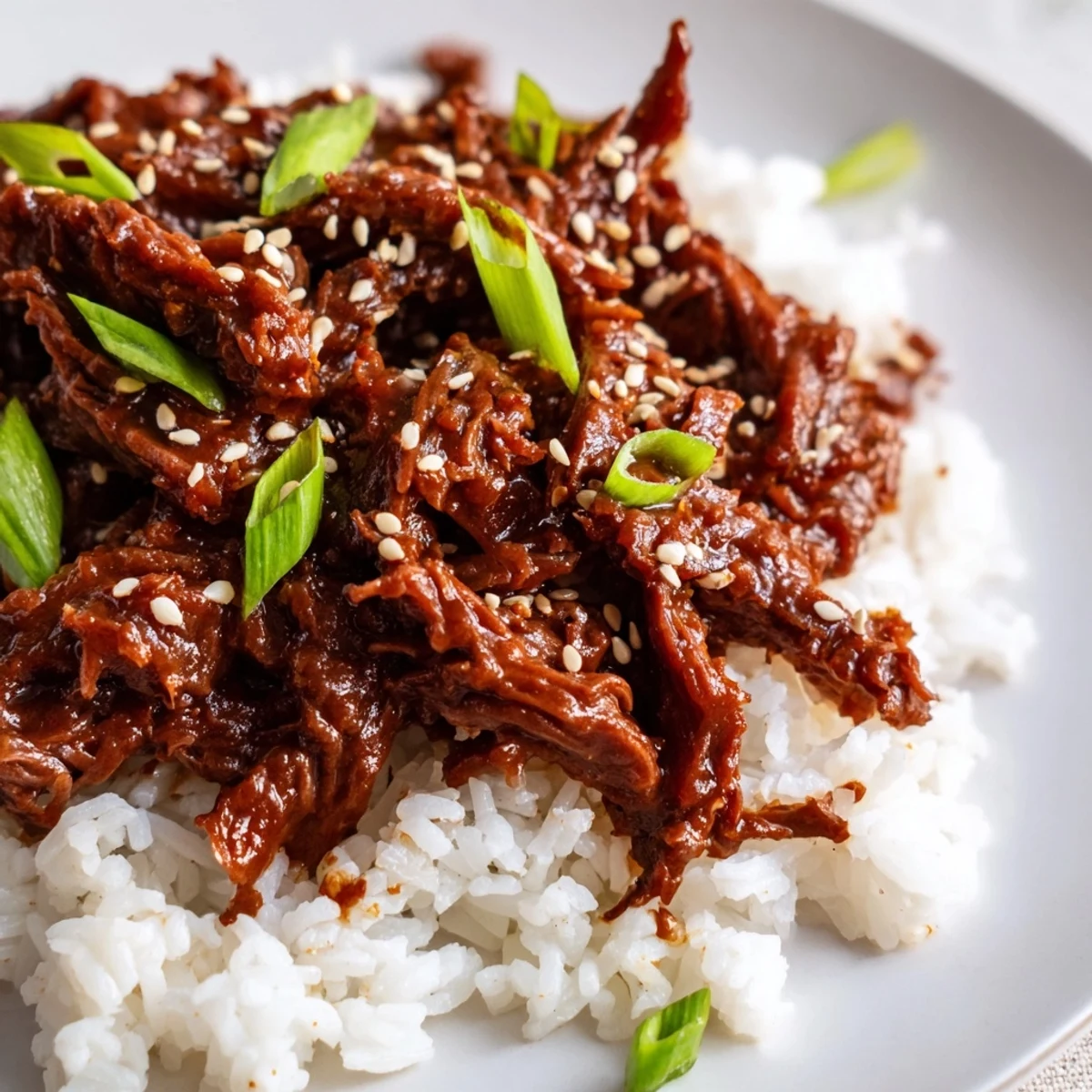 Tender shredded Crock Pot Korean Beef piled high on fluffy rice, garnished with green onions and sesame seeds for a flavorful weeknight dinner.
