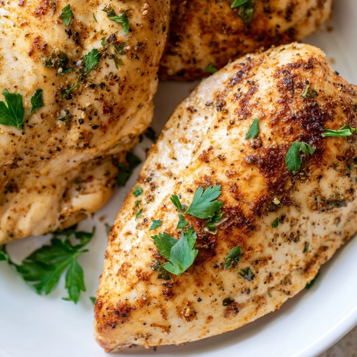 Golden-brown Oven Baked Chicken Breasts fresh from the oven, garnished with parsley and lemon wedges.