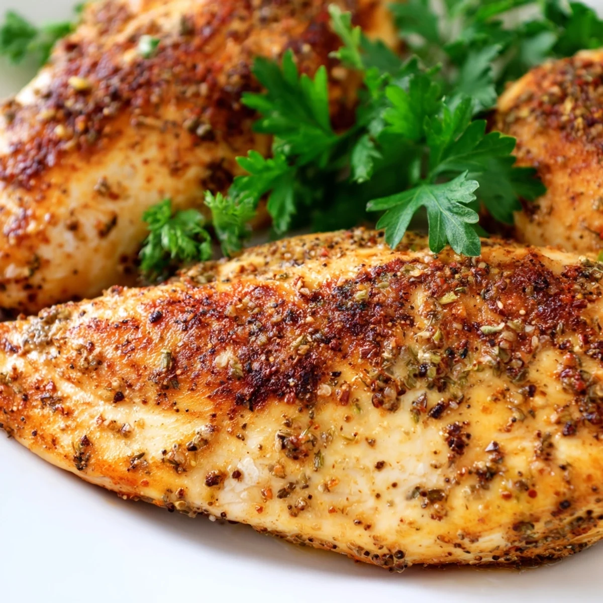 Juicy Oven Baked Chicken Breasts sliced and served alongside a colorful green salad for dinner.