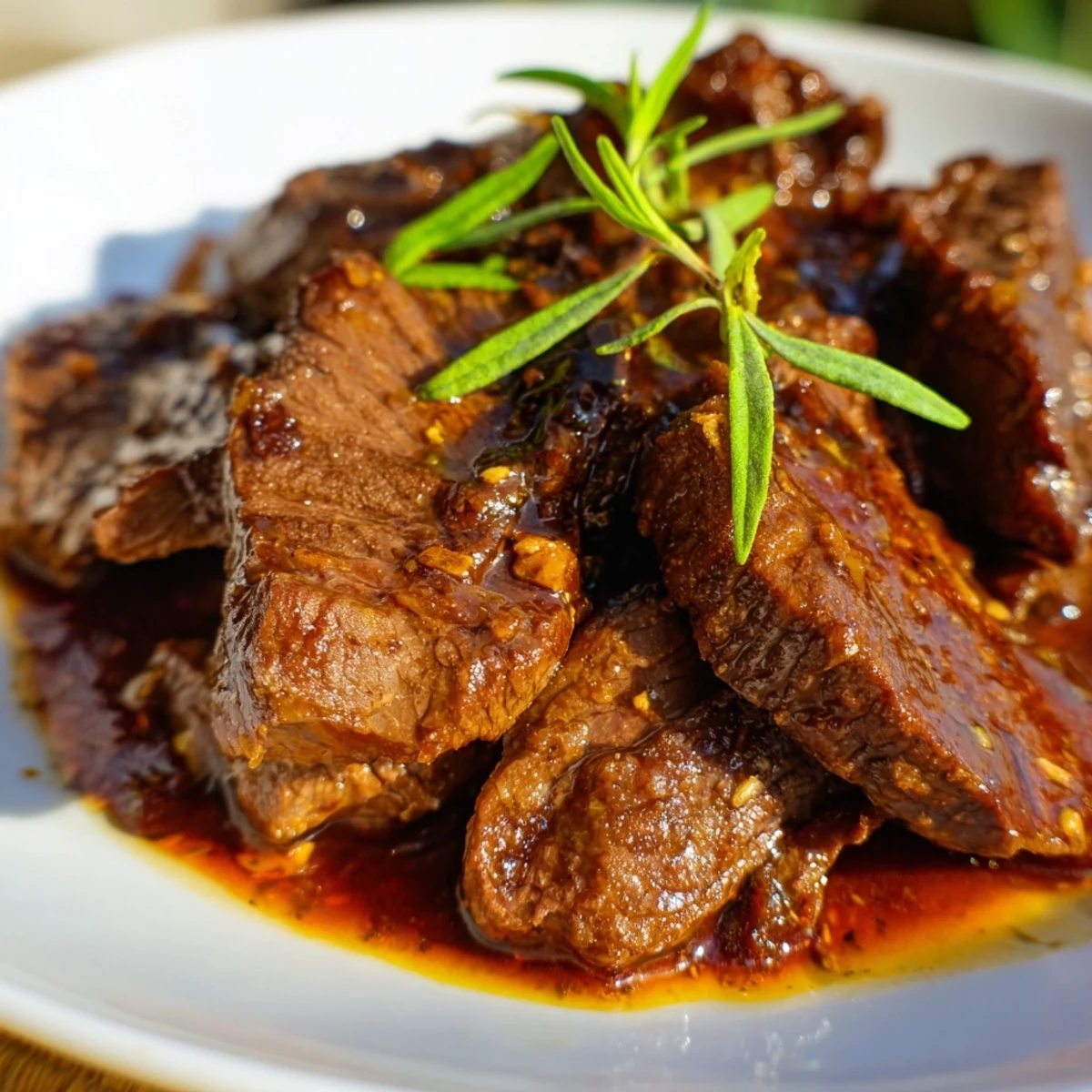 Tender slices of Ultimate Slow Cooker Mongolian Beef in a glossy sauce, served over white rice with green onions.