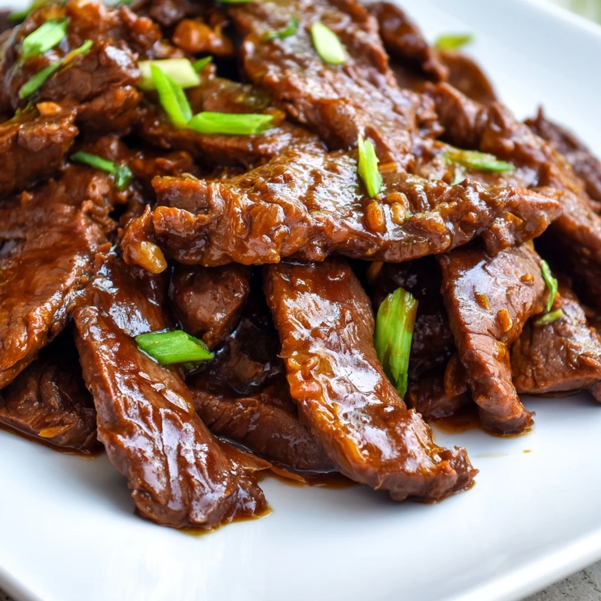 A close-up of Ultimate Slow Cooker Mongolian Beef, glistening with sauce alongside broccoli and jasmine rice on a white plate.