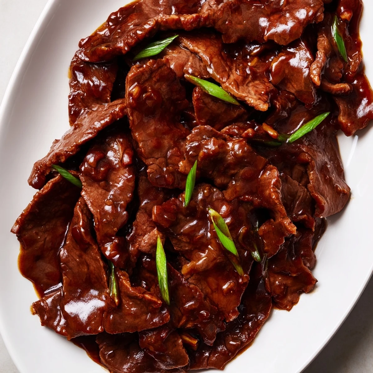 Ultimate Slow Cooker Mongolian Beef simmered in a rich, sweet and savory sauce with steam rising from the slow cooker.