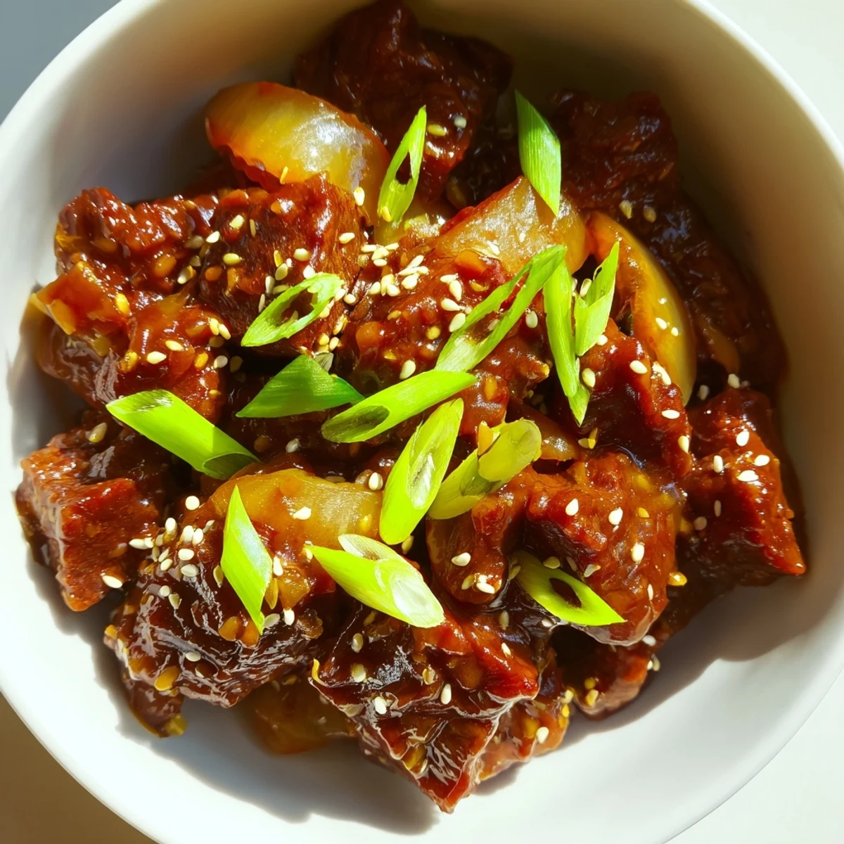Close-up of Crock Pot Korean Beef in lettuce wraps, topped with sesame seeds and fresh green onions.