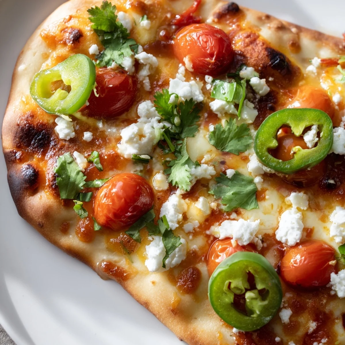 Crispy golden flatbread topped with Sweet Heat Honey Garlic sauce, melty mozzarella, and vibrant fresh veggies for a spicy-sweet bite.