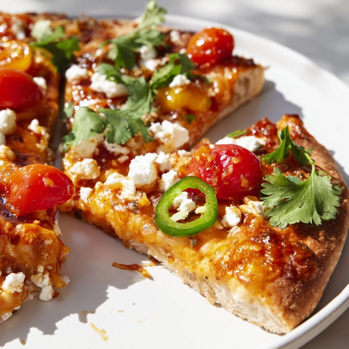Sweet Heat Honey Garlic Flatbread Pizza glistens with melted feta, red onion, and jalapeños on a rustic wooden board.