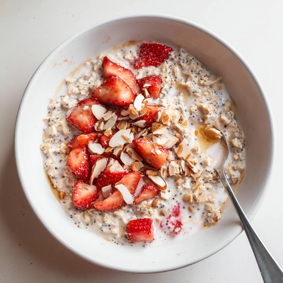 Creamy overnight oats topped with fresh diced strawberries and honey in a clear jar.