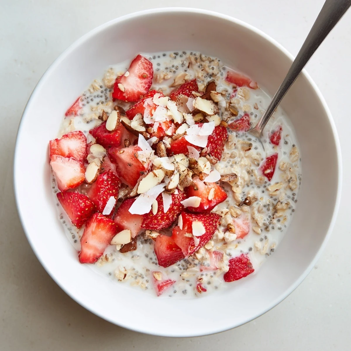 Strawberry Overnight Oats served chilled in a bowl with nuts and shredded coconut.