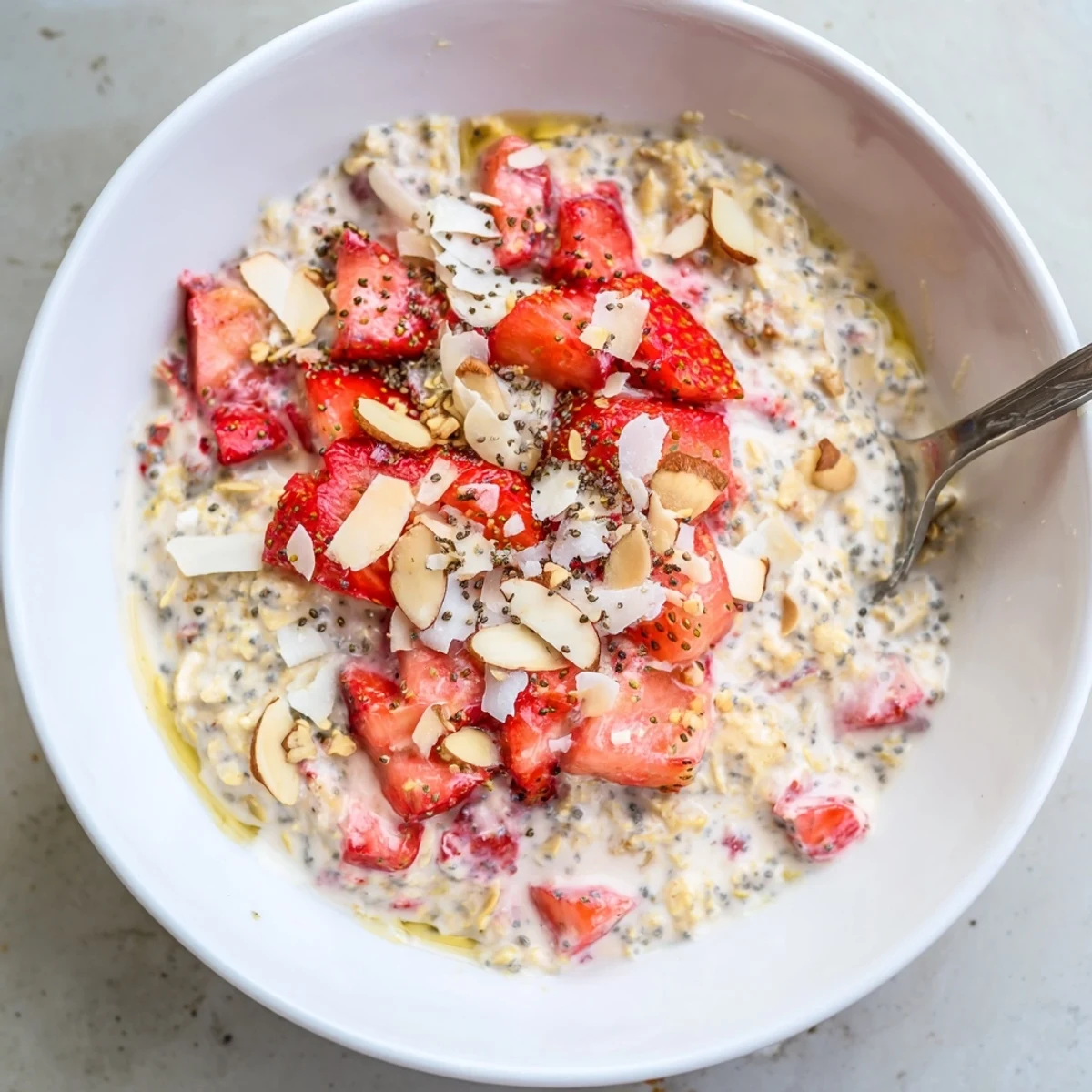 A spoon dipping into thick Strawberry Overnight Oats with vanilla and chia seeds.
