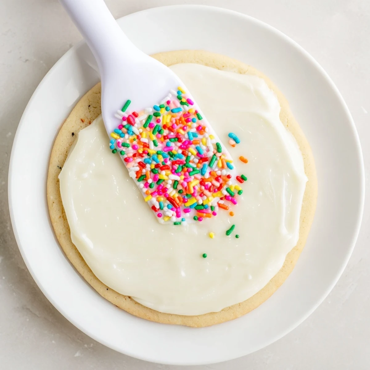 In a bright kitchen, a spoon lifts sugar cookie icing from a bowl, ready to decorate round cookies.