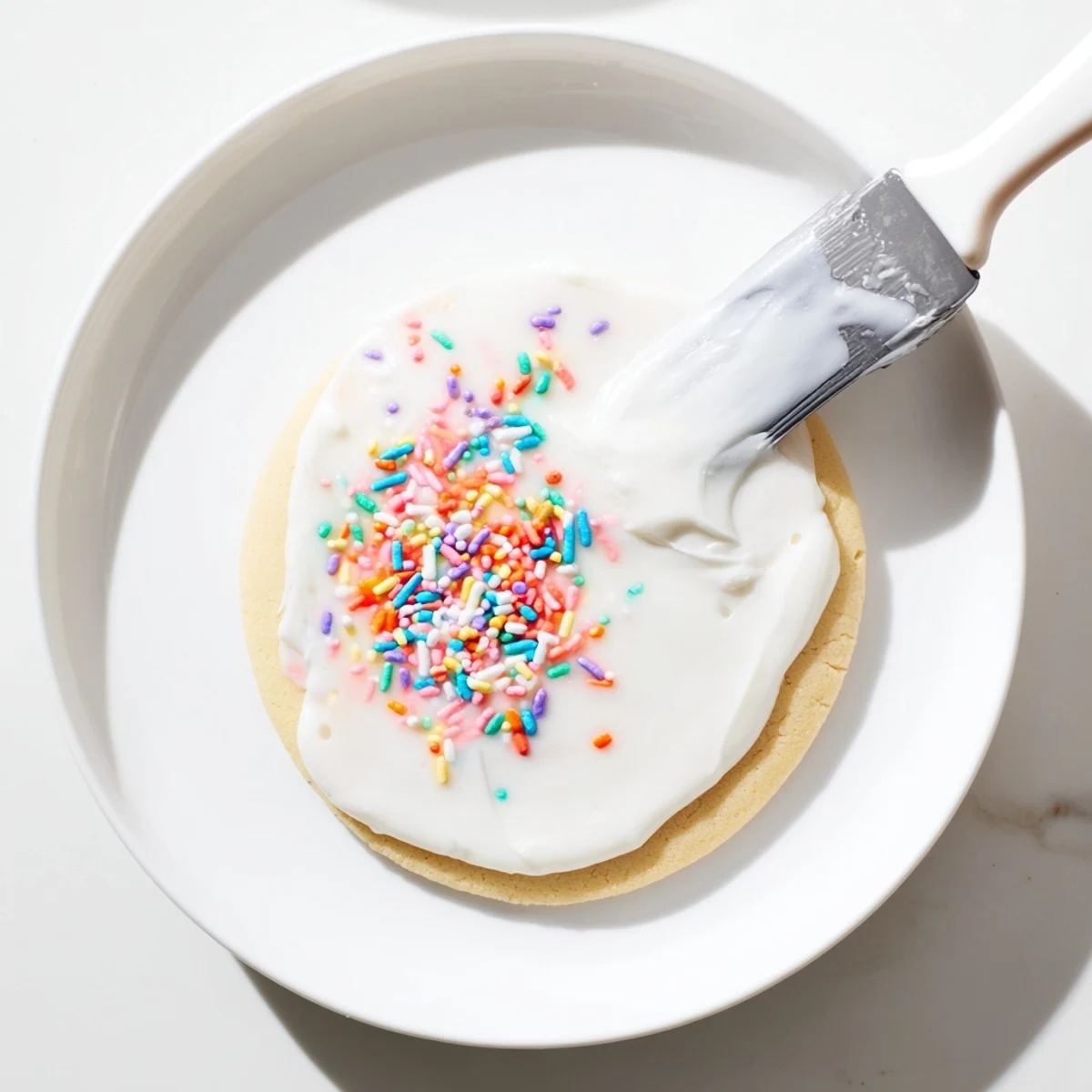 A decorated platter of sugar cookies with sugar cookie icing, paired with a glass of milk for serving.