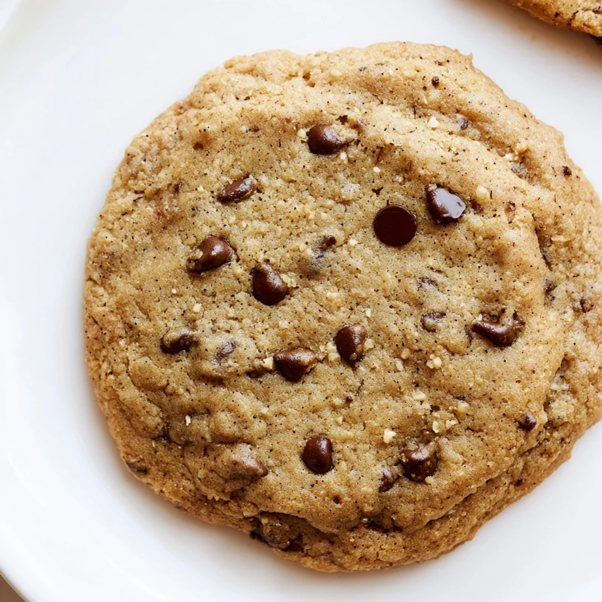 Golden edges of Chai Spiced Chocolate Chip Cookies reveal a soft, chewy center beside a steaming mug of chai tea.