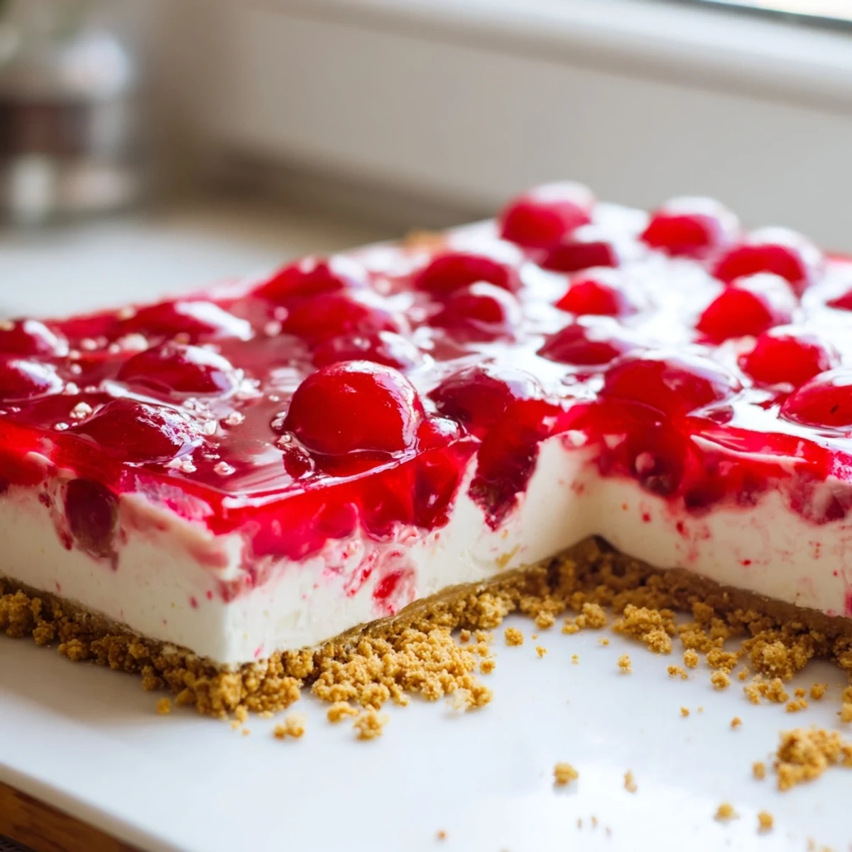 A slice of Classic Cherry Delight showcases the ruby-red cherry topping on a creamy layer over a golden graham cracker crust.