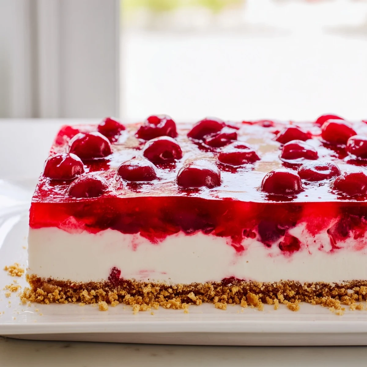 Close-up of Classic Cherry Delight with glossy cherries and fluffy cream cheese layer, perfect for a summer potluck dessert.