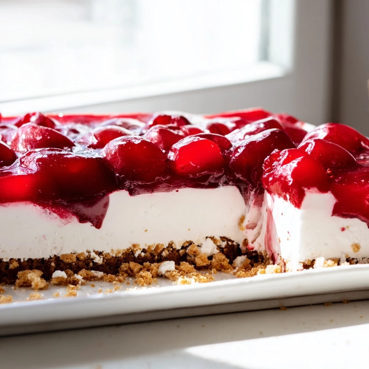 Classic Cherry Delight served in a clear dish, highlighting the crunchy crust and vibrant cherry topping ready to enjoy.
