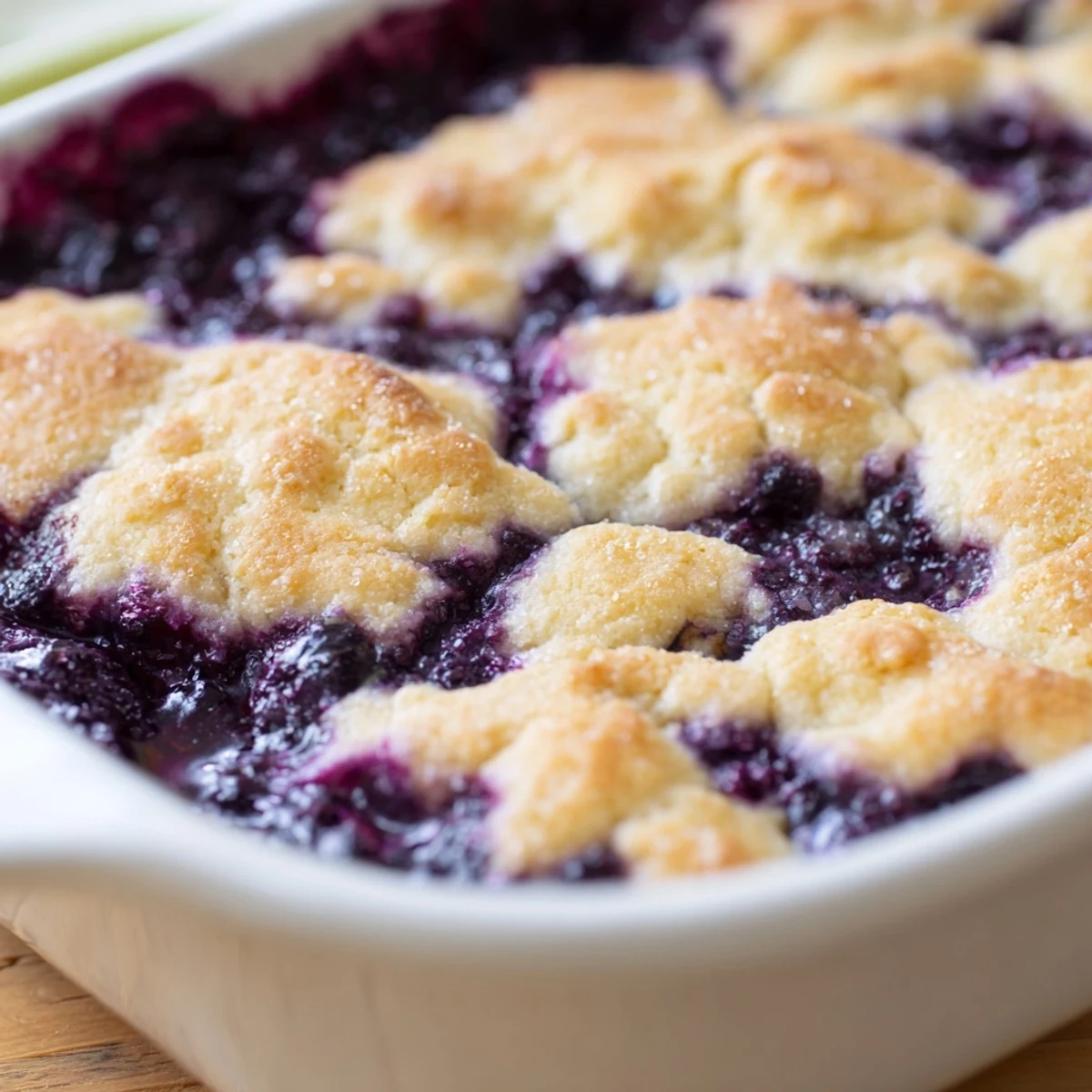 A close-up of a golden, moist cobbler topping on bubbling blueberry filling in a baking dish.