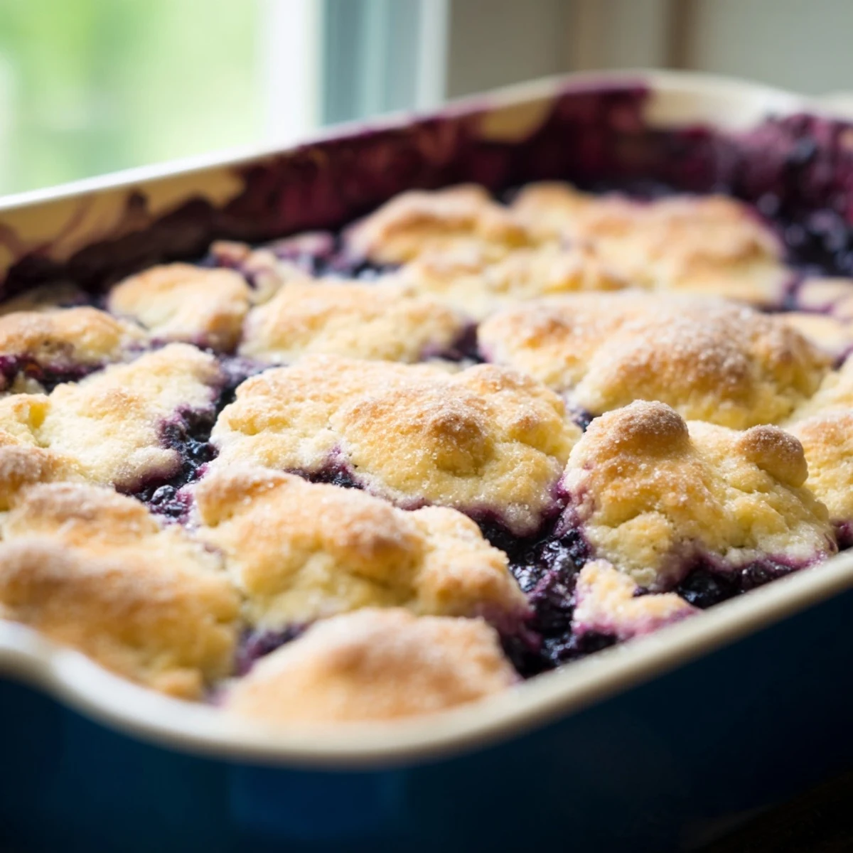 Moist Blueberry Cobbler With Frozen Berries glistens warmly in a rustic ceramic dish, ready to serve.
