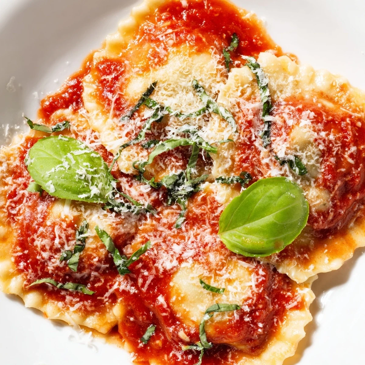 Golden, cheese-filled ravioli rests in a vibrant tomato-basil sauce, garnished with fresh basil and Parmesan.