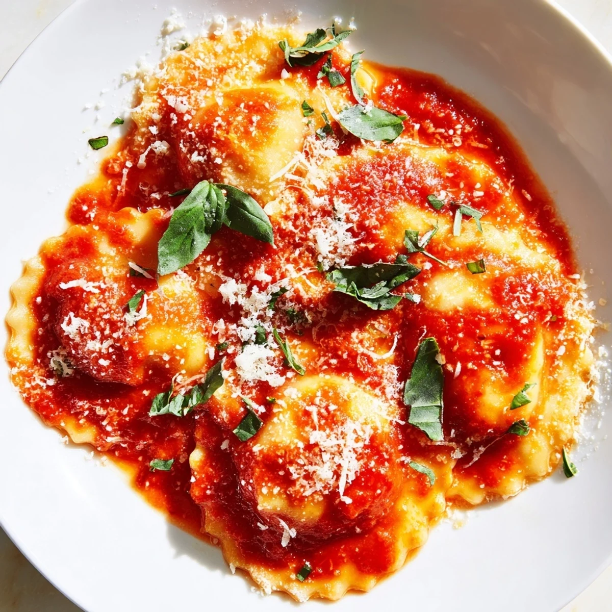 Tender ravioli is tossed in a rich red sauce, topped with grated Parmesan for a savory finish.