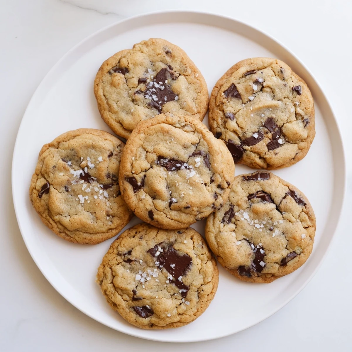 Golden-brown Miso Chocolate Chip Cookies on a wire rack, their edges slightly crisp and centers chewy, topped with flaky sea salt.  