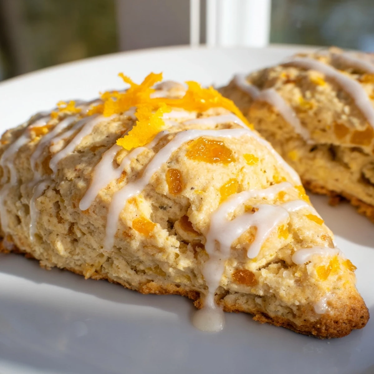 Warm Candied Ginger Orange Scones served beside a steaming cup of tea and clotted cream.