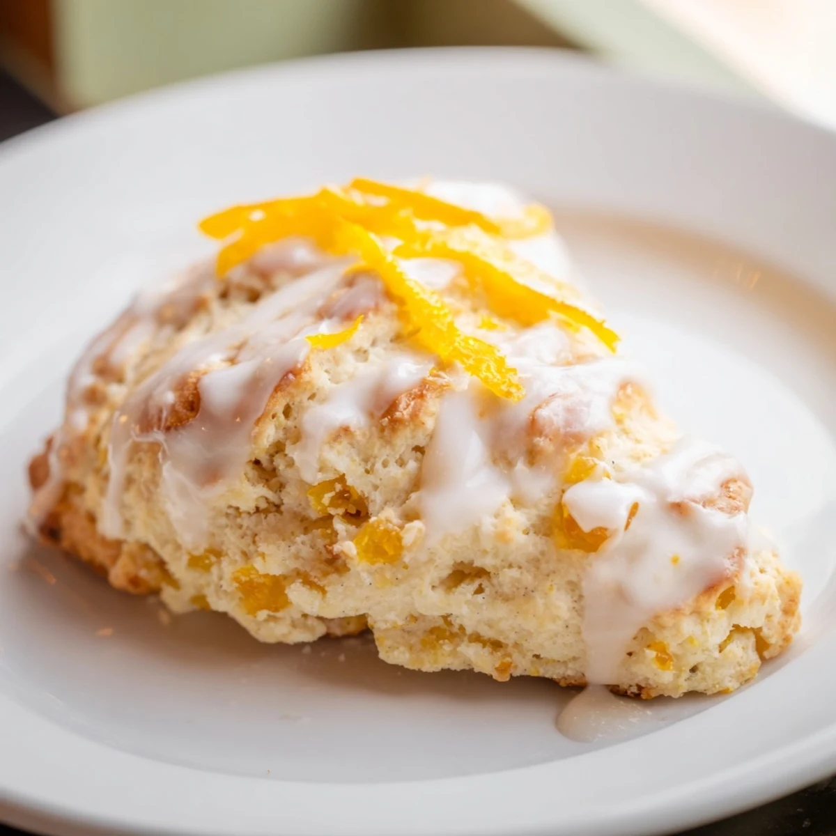 Golden-brown Candied Ginger Orange Scones filled with spicy ginger pieces and citrus aroma on a wooden board.