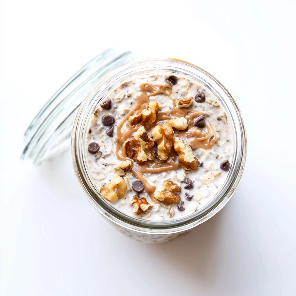 A jar of Cookie Dough Overnight Oats topped with walnuts and extra chocolate chips, ready to enjoy cold.