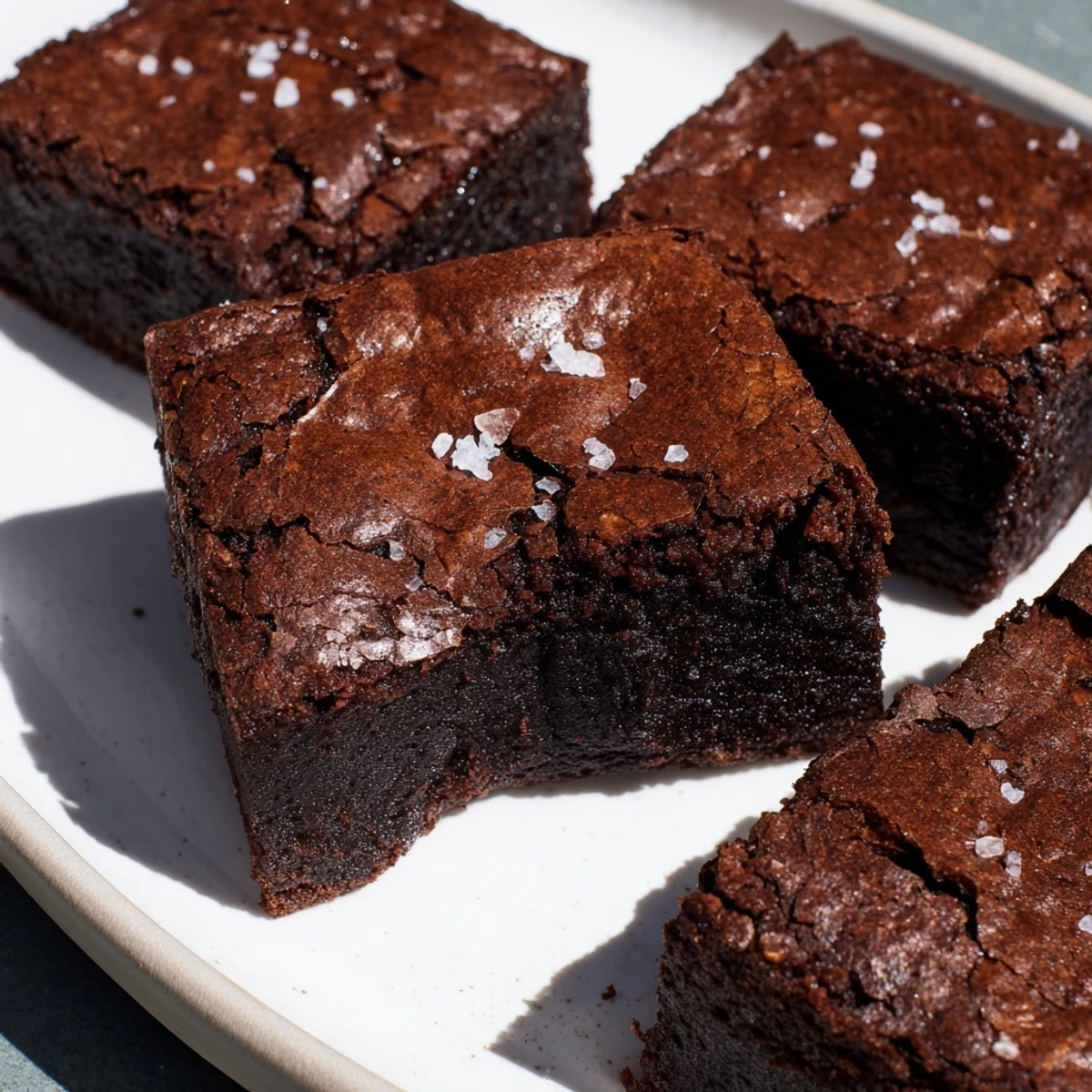 A close-up of fudgy brown butter mochi brownies topped with flaky sea salt next to a cup of coffee.