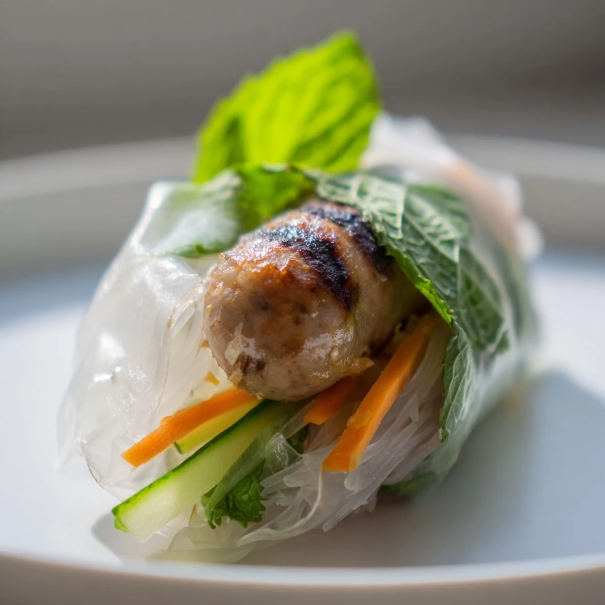 Freshly grilled Nem Nuong spring rolls displayed with crisp veggies and herbs on a plate.