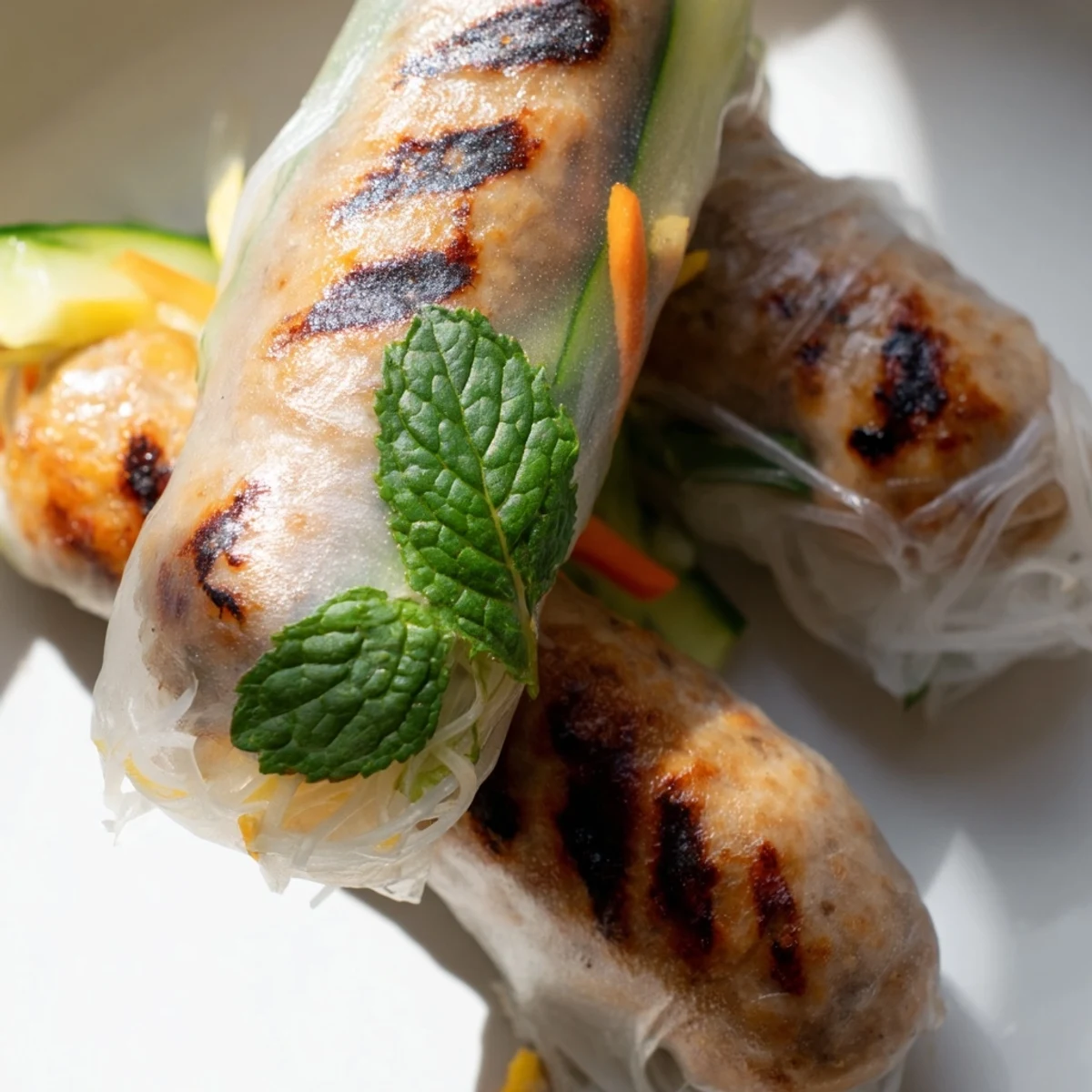 Eight Nem Nuong spring rolls with vermicelli and herbs served alongside a small bowl of sauce.