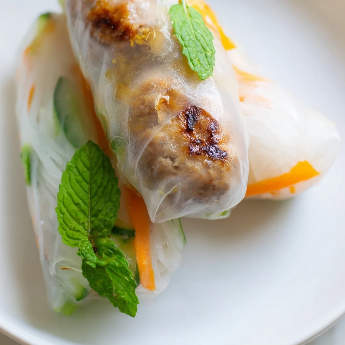 Close-up of a Nem Nuong spring roll with pork sausage, carrot, cucumber, and mint.