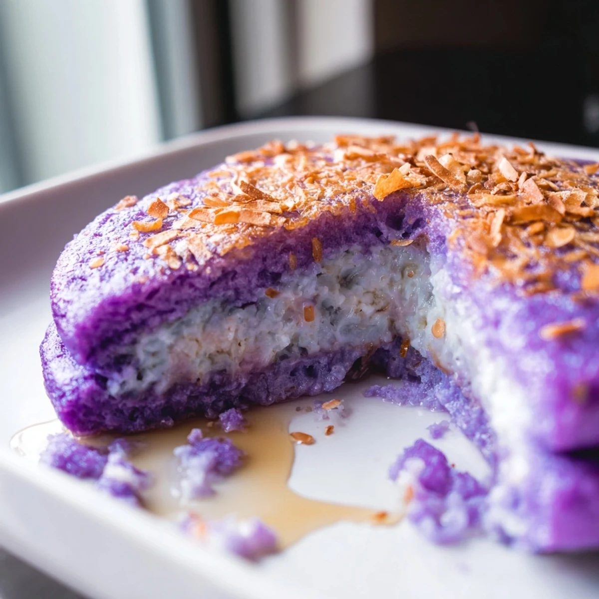 Stacks of vibrant purple ube mochi pancakes are drizzled with sweetened condensed milk for a Filipino fusion breakfast treat.