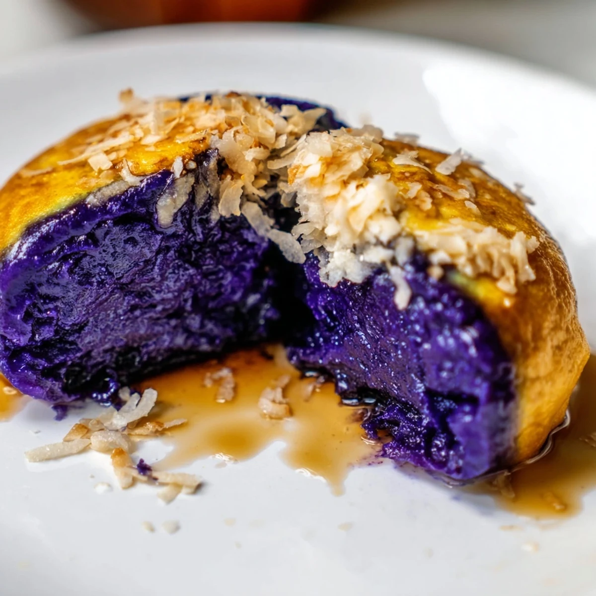 Ube mochi pancakes with crispy edges and a chewy interior served alongside fresh mango slices and toasted coconut flakes.