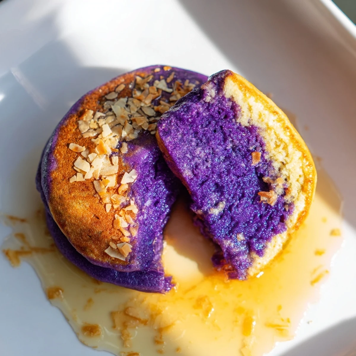 Golden-brown ube mochi pancakes rest on a white plate, showcasing their unique purple hue and mochi-like texture.
