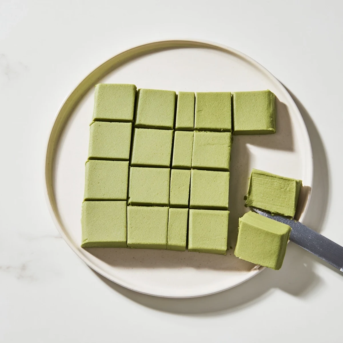 A close-up of 5-Ingredient Matcha Halva squares dusted with matcha powder beside a warm cup of green tea.
