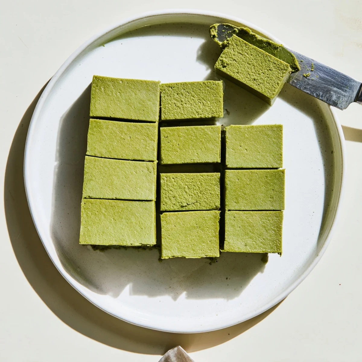 Freshly sliced 5-Ingredient Matcha Halva bars showing a vibrant green swirl and texture on a rustic wooden board.