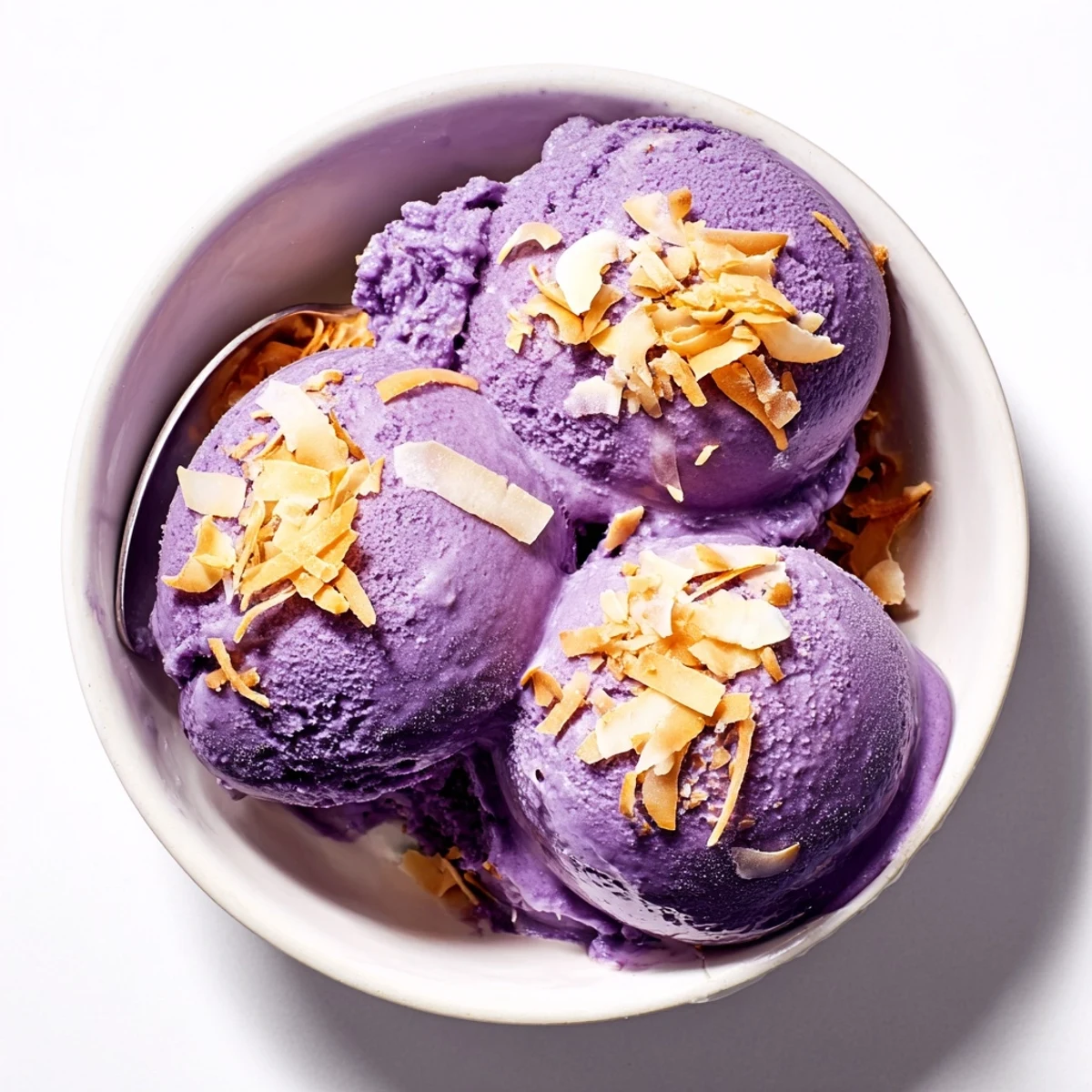 Creamy ube ice cream scoops glisten in purple, served in a chilled bowl with toasted coconut.