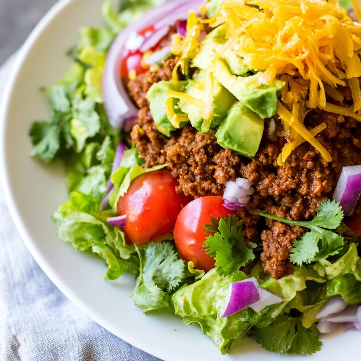 Freshly assembled Vegetarian Ground Beef Tacos topped with melted cheese and shredded lettuce on a wooden board.