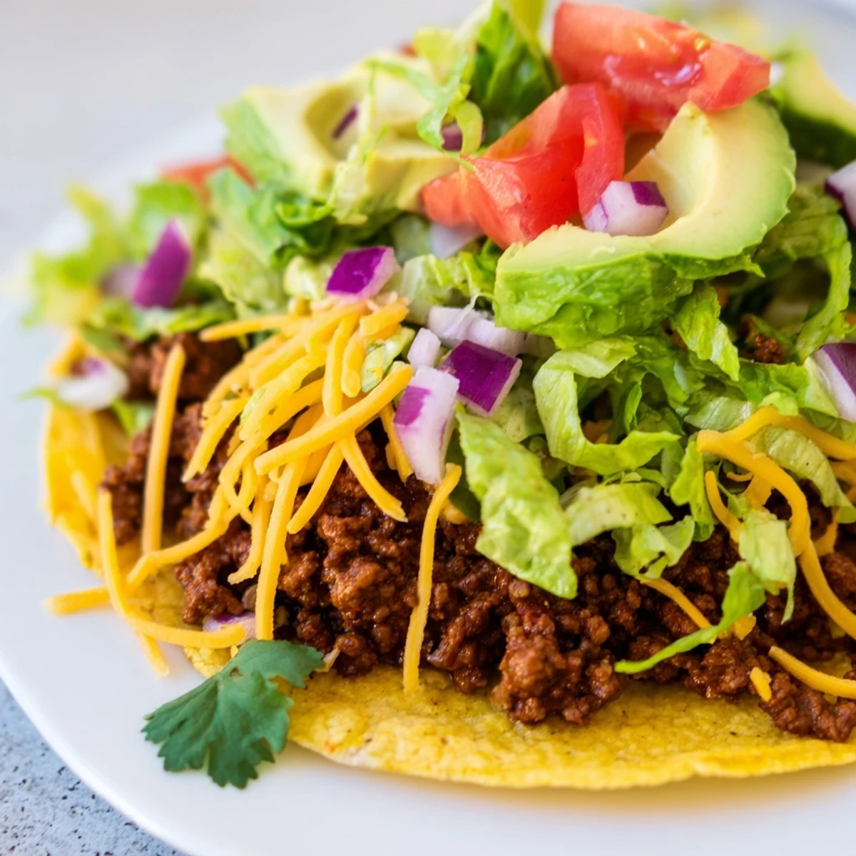 A close-up of Vegetarian Ground Beef Tacos filled with seasoned crumbles, tomatoes, and creamy avocado slices.