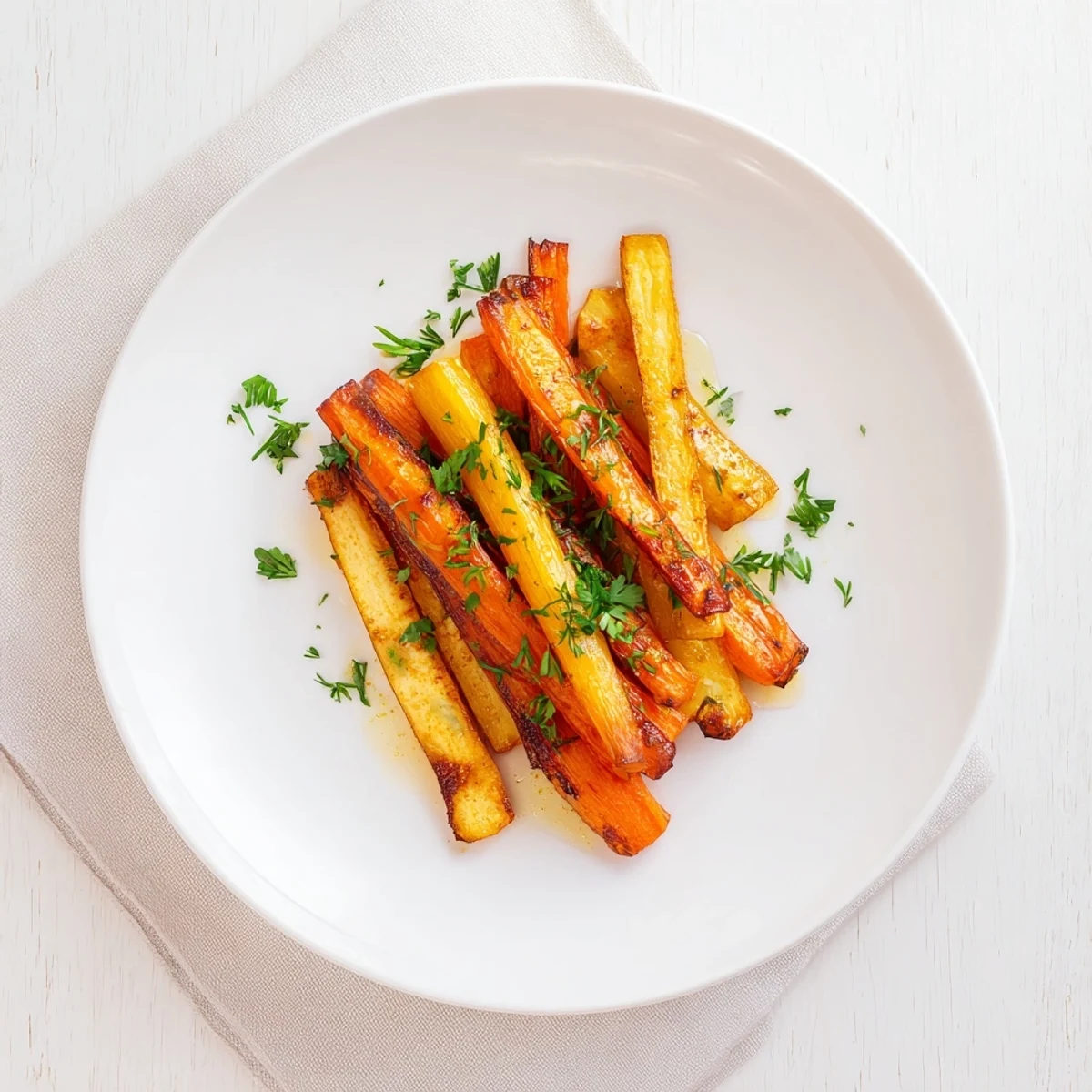 Golden roasted Tarragon and Honey Parsnips and Carrots, glistening with caramelized edges and fresh tarragon garnish.