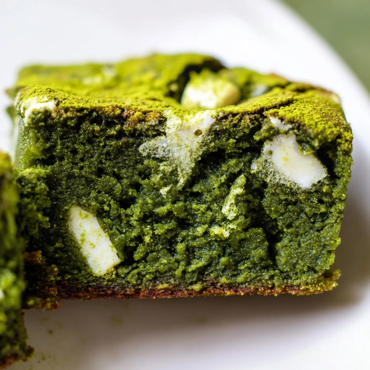 Freshly baked Matcha Brownies with a vibrant green hue and creamy white chocolate chunks sit on a cooling rack, ready to be served.