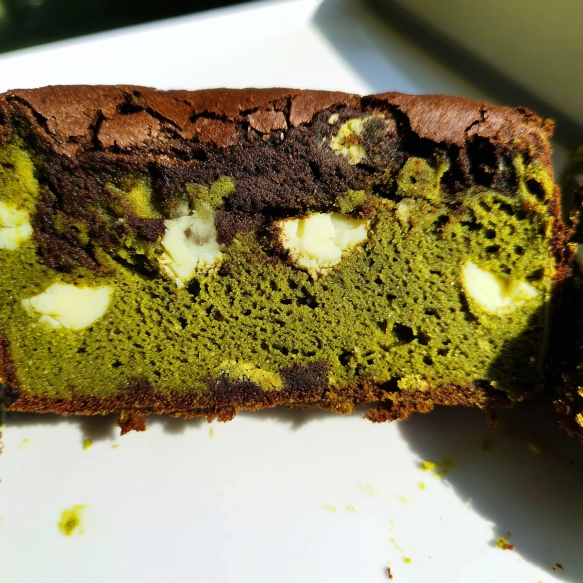 Sliced Matcha Brownies reveal a fudgy interior and sweet white chocolate swirls, perfect for a dessert platter at a tea party.