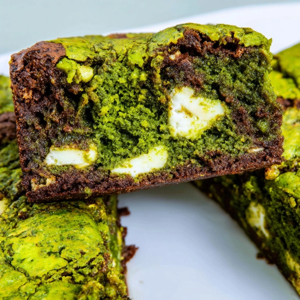 Close-up of golden-edged Matcha Brownies dusted with powdered sugar, highlighting their unique fusion of earthy matcha and rich white chocolate.