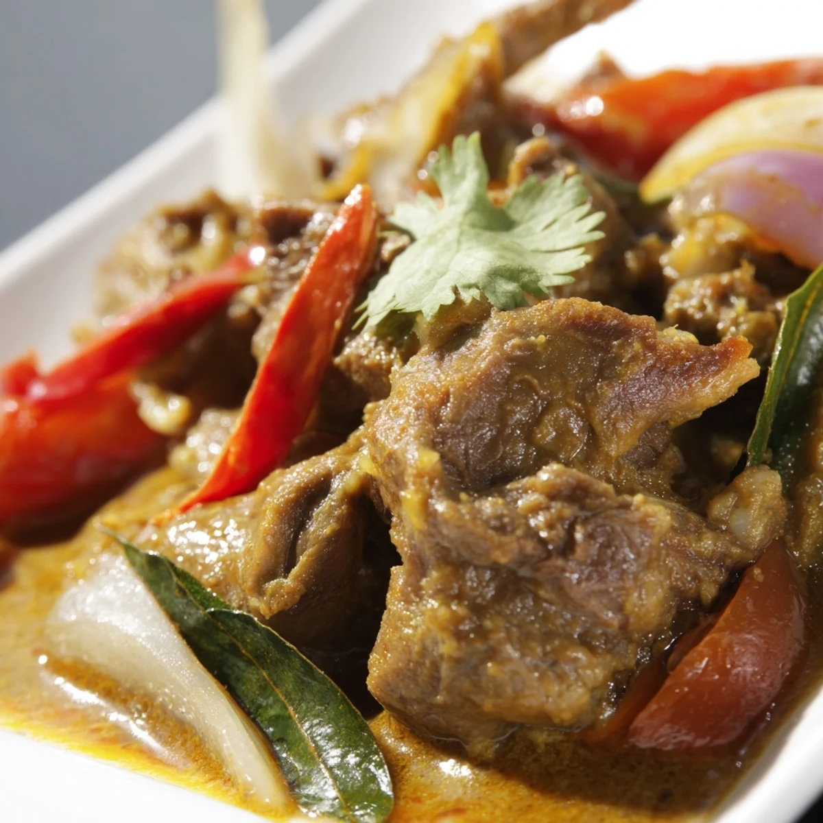 Fork-tender lamb shanks in a thick, aromatic Sri Lankan Lamb Shank Curry, served with warm roti for dipping.