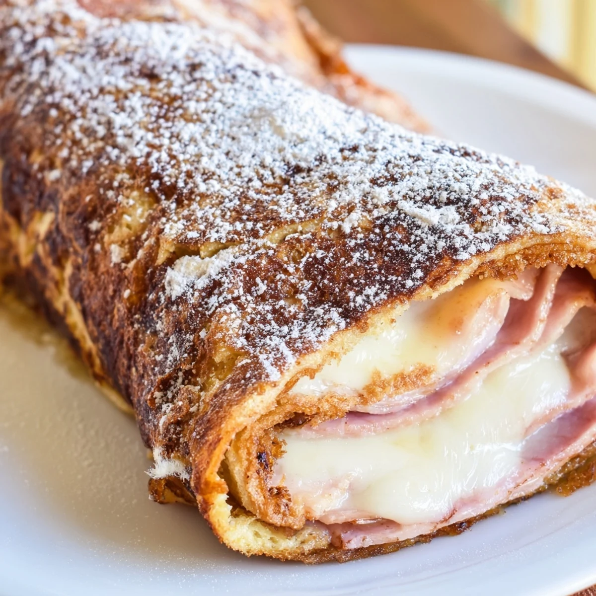Warm Monte Cristo Roll Ups with melted Swiss cheese, ham, and turkey, pan-fried until crispy and ready to enjoy.