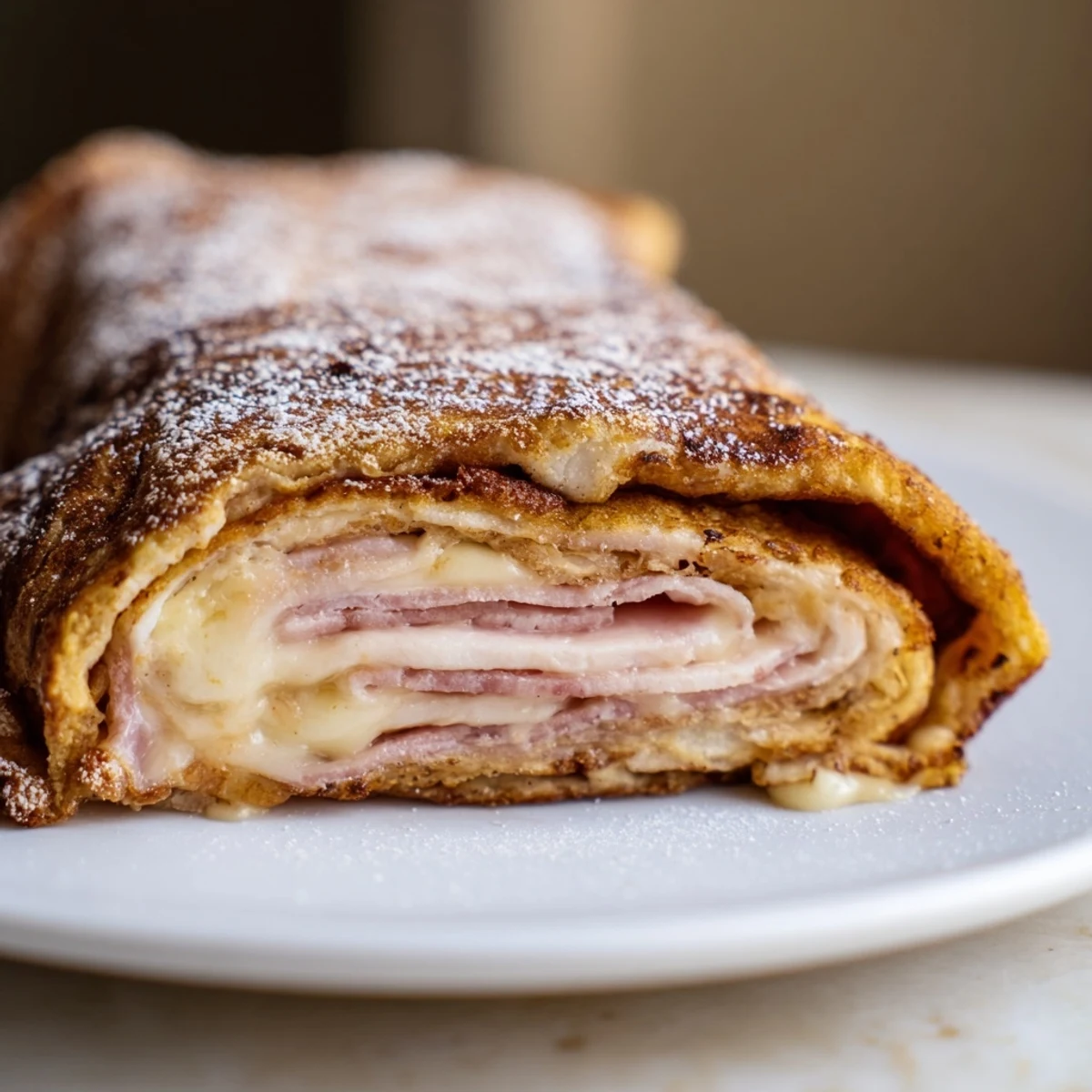 Golden-brown Monte Cristo Roll Ups dusted with powdered sugar, served with raspberry jam for dipping on a rustic table.