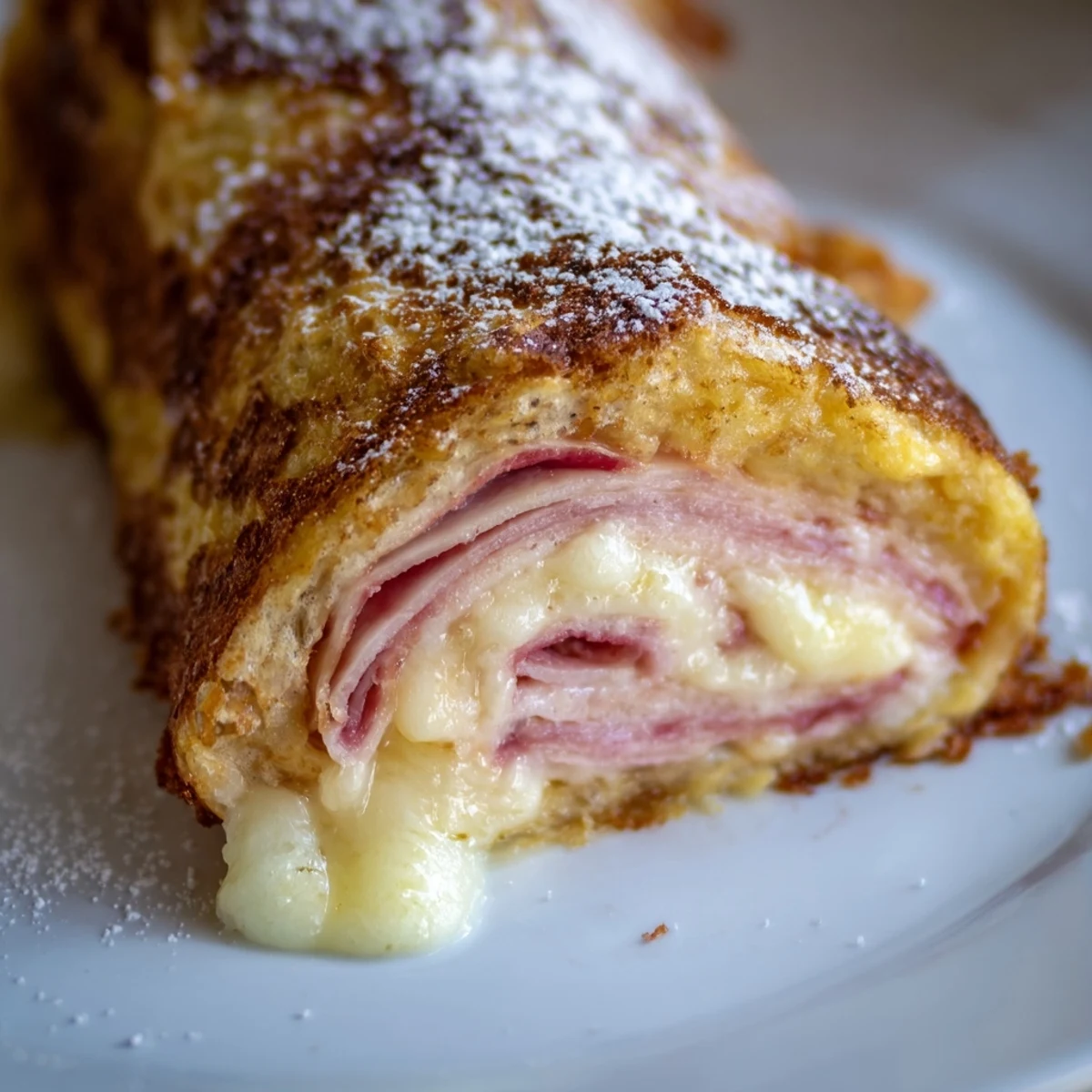Freshly cooked Monte Cristo Roll Ups on a white plate, garnished with jam, perfect for brunch or a savory snack.