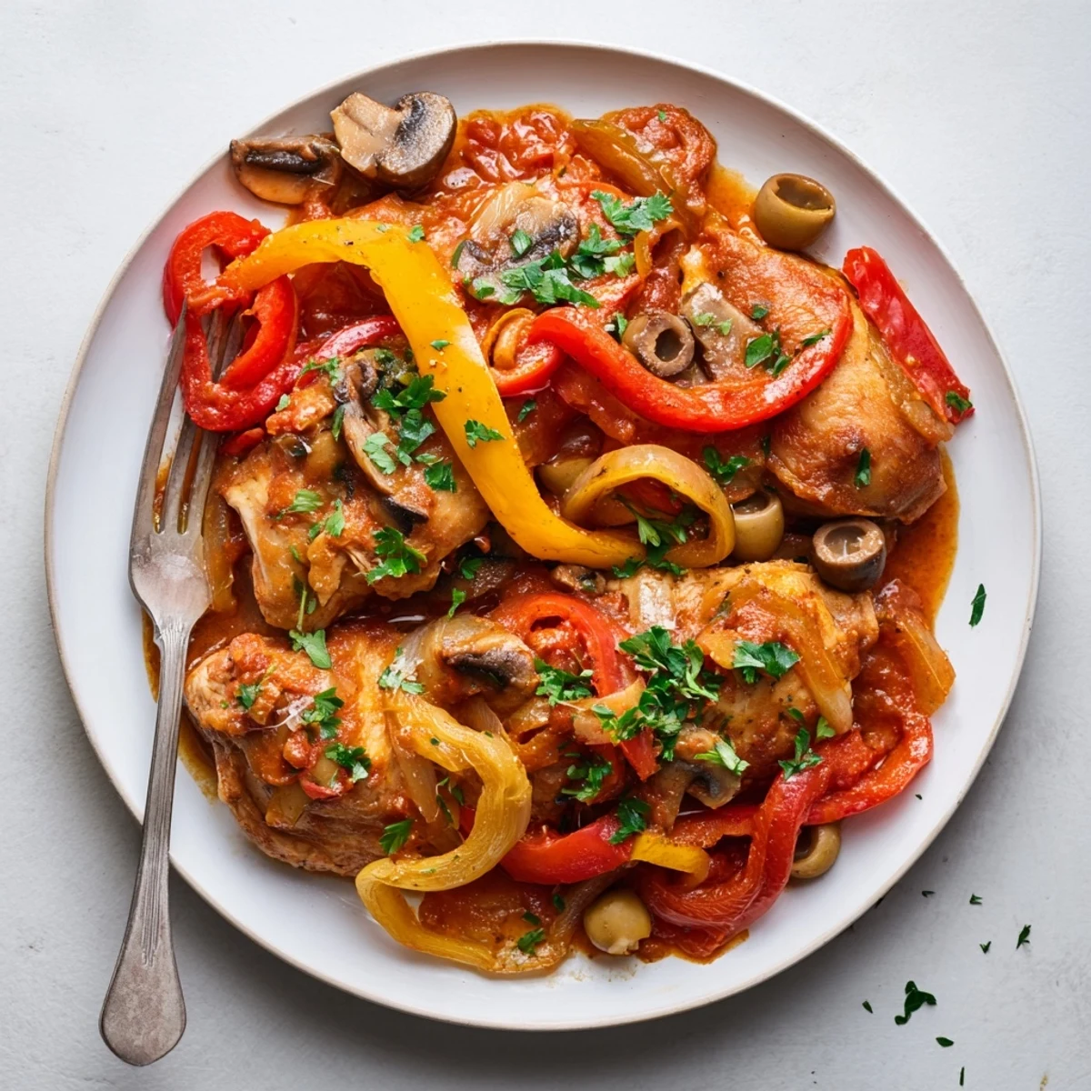 Tender slow cooker chicken cacciatore in a rich tomato sauce with bell peppers, served hot with crusty bread.